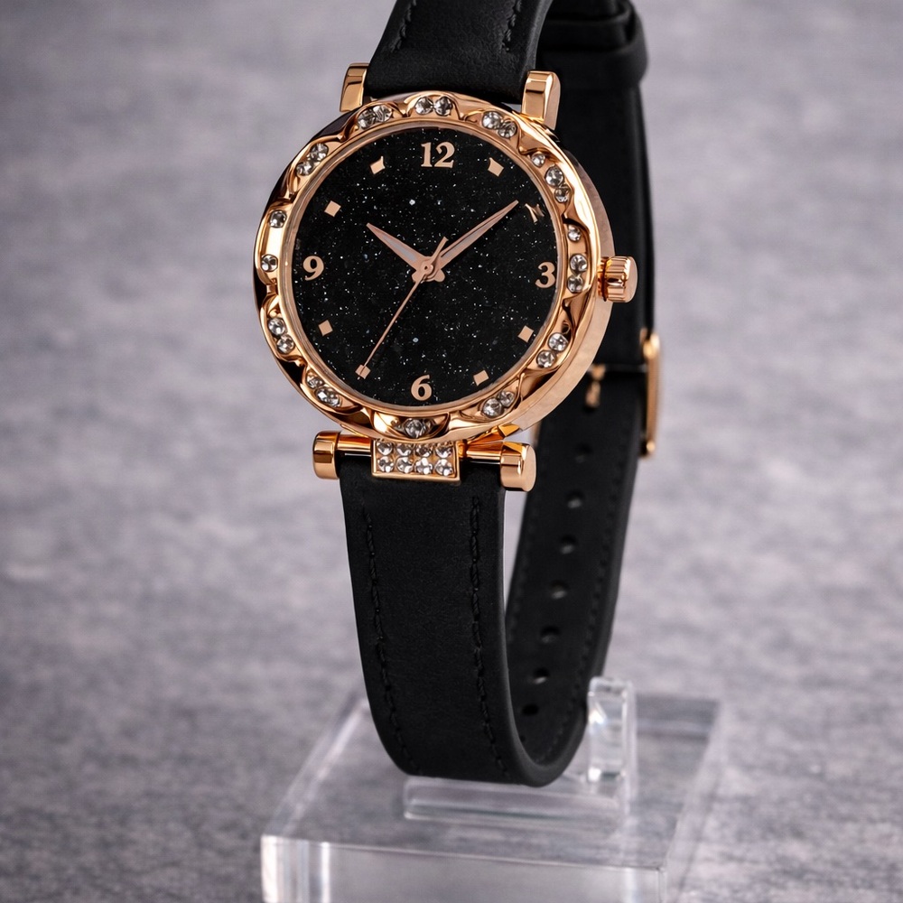 2pcs Elegant Black and Gold Gold Women's Watch